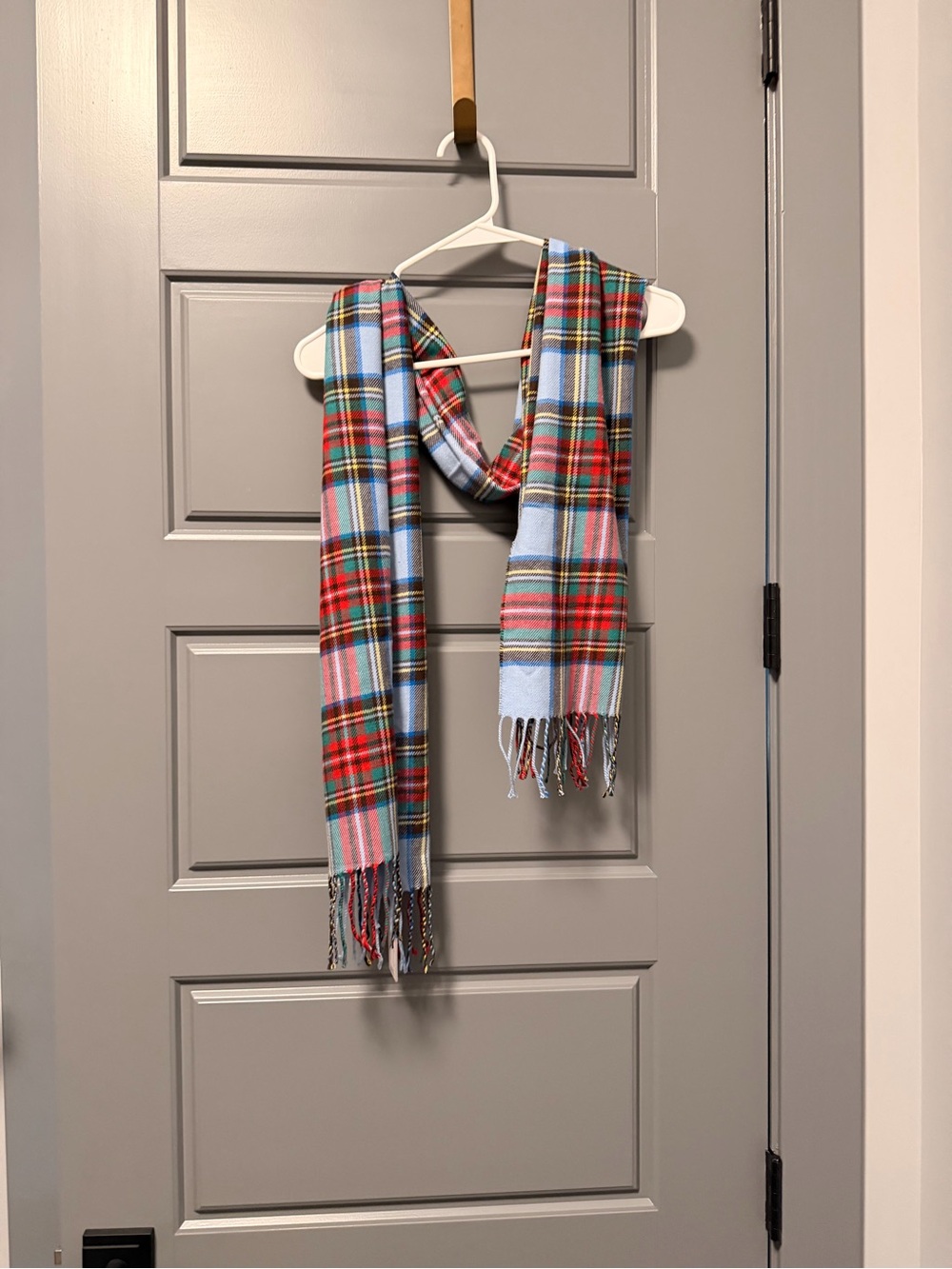 Lands’ End Plaid Fringe Scarf Red & Light Blue OS NWT